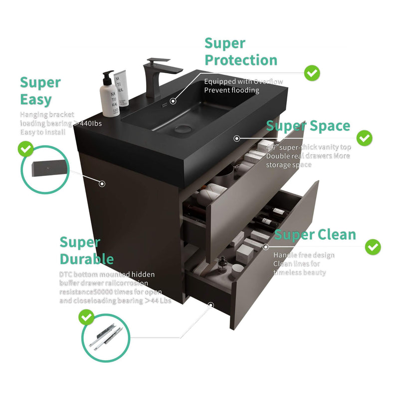 Nuvia 30-Inch Wall-Mounted Bathroom Vanity With Black Sink And Drawers (SAK76251) - Saksby Wholesale - Features