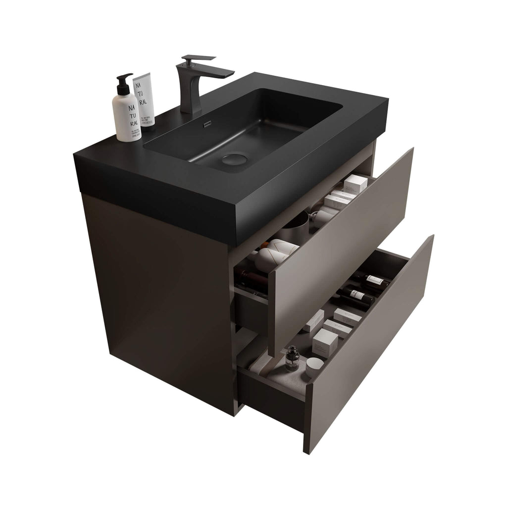 Nuvia 30-Inch Wall-Mounted Bathroom Vanity With Black Sink And Drawers (SAK76251) - Saksby Wholesale - Top Side VIew