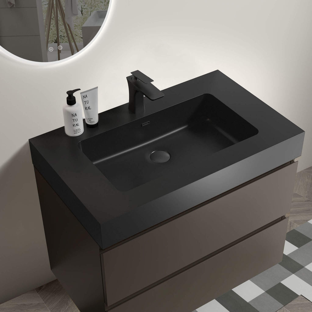 Nuvia 30-Inch Wall-Mounted Bathroom Vanity With Black Sink And Drawers (SAK76251) - Saksby Wholesale - Top View Lifestyle Image