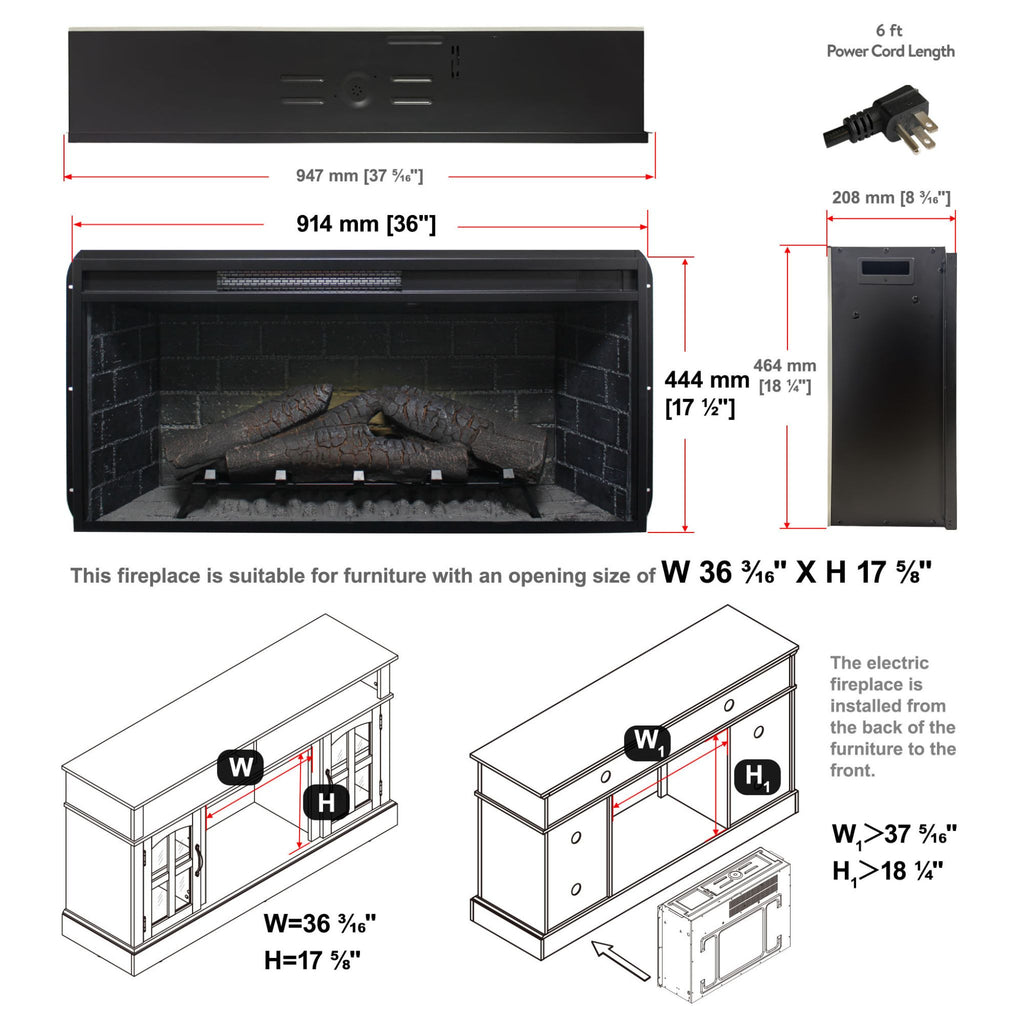Nuvia 36-Inch Electric Antique Black Infrared Fireplace Insert Trim Kit With Touch Panel (SAK84610) - Saksby Wholesale - Dimensions