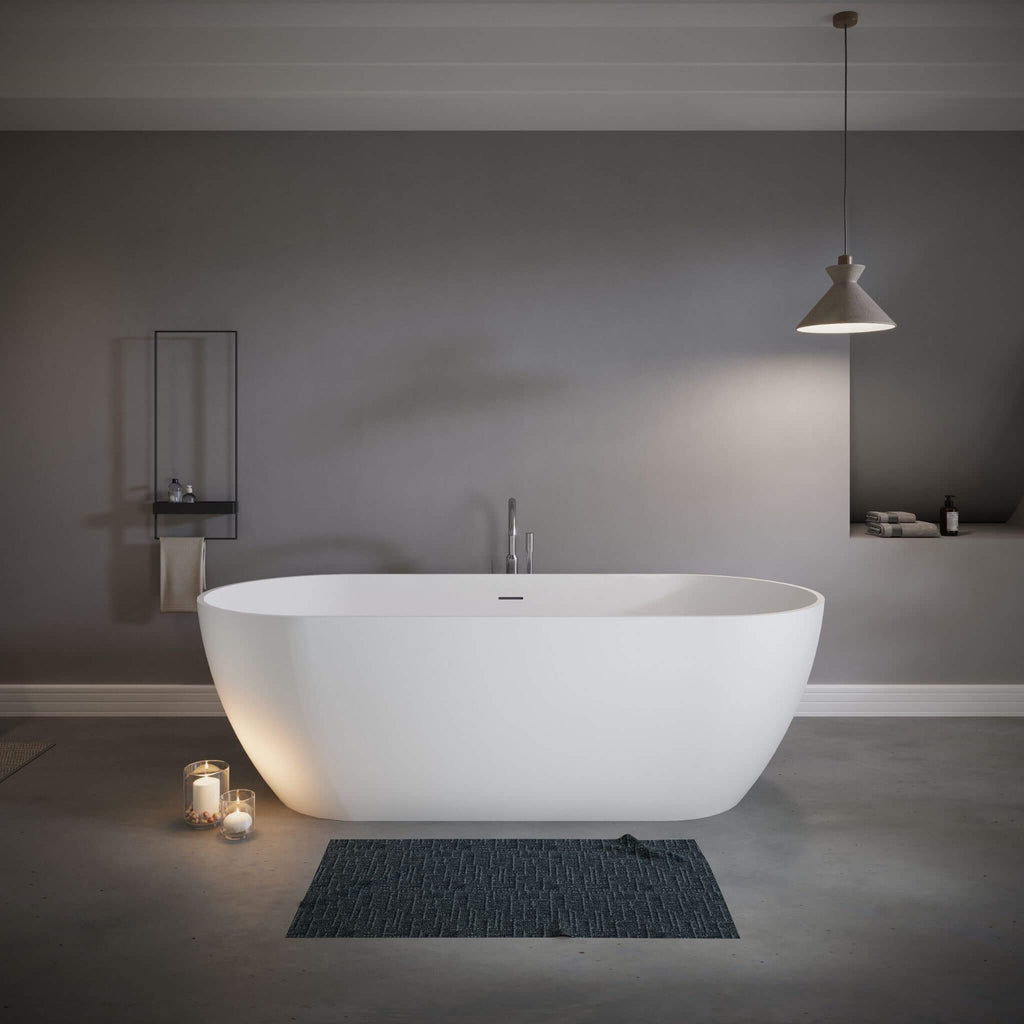 Nuvia 59-Inch Luxury Solid Surface Matte White Freestanding Soaking Tub (SAK95320) - Saksby Wholesale -Bathroom Lifestyle Image
