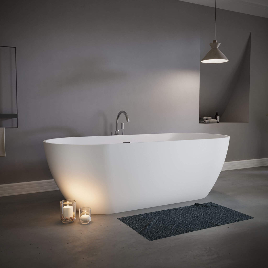 Nuvia 59-Inch Luxury Solid Surface Matte White Freestanding Soaking Tub (SAK95320) - Saksby Wholesale - Lifestyle Image 