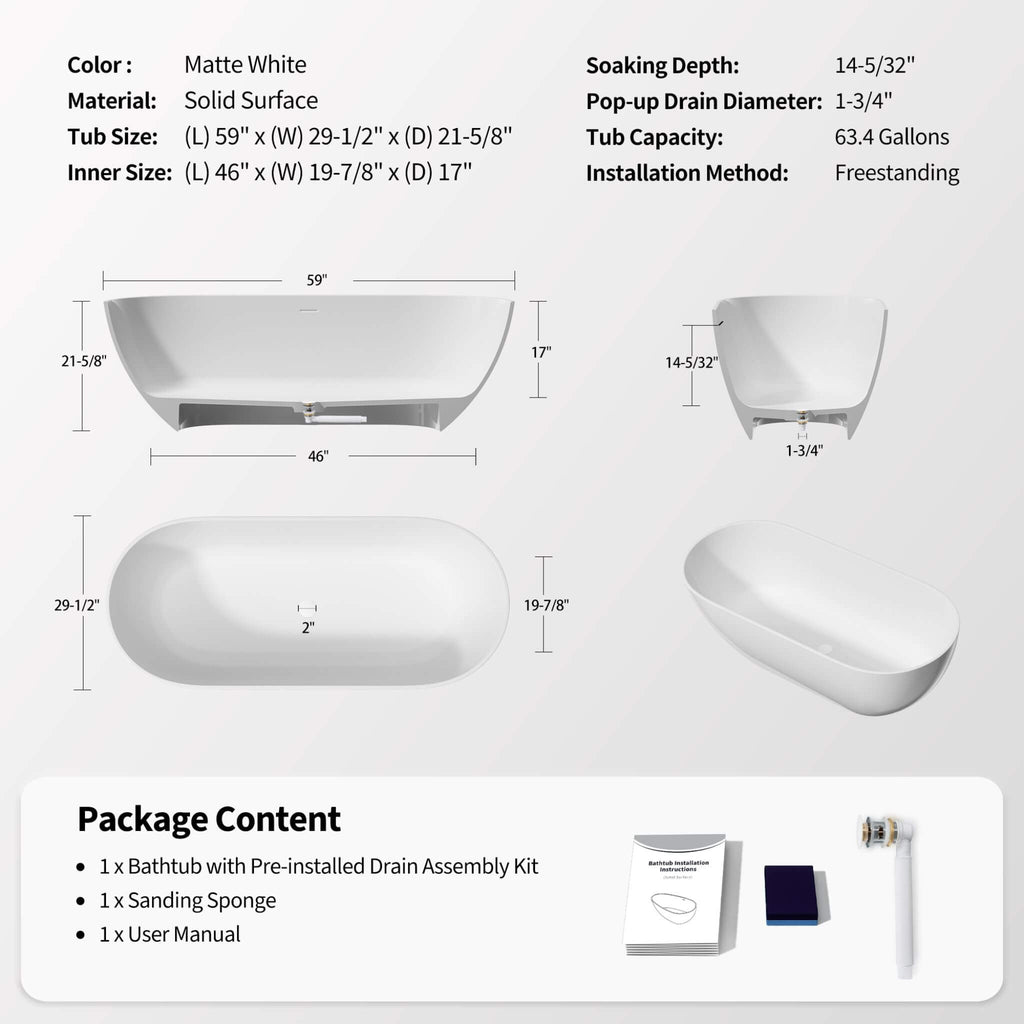 Nuvia 59-Inch Luxury Solid Surface Matte White Freestanding Soaking Tub (SAK95320) - Saksby Wholesale - Product Details