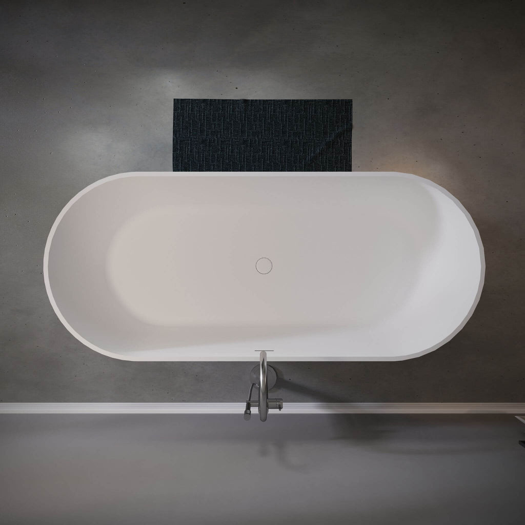 Nuvia 59-Inch Luxury Solid Surface Matte White Freestanding Soaking Tub (SAK95320) - Saksby Wholesale - Top View Lifestyle Image