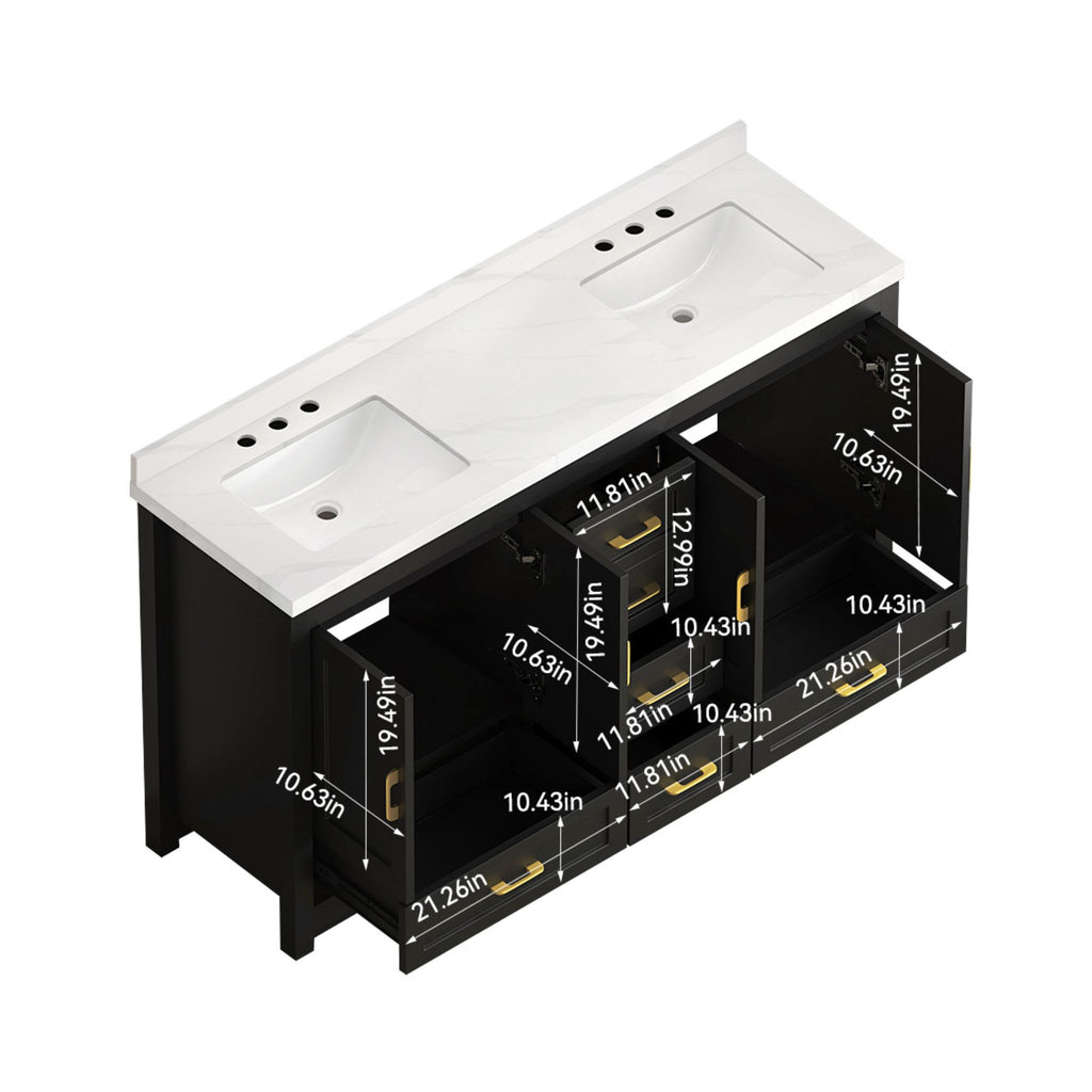 Nuvia 60-Inch Black Bathroom Vanity With Soft Close Doors And Drawers Storage (SAK86210) - Saksby Wholesale - Drawer Dimensions