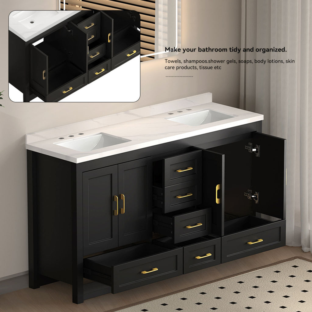 Nuvia 60-Inch Black Bathroom Vanity With Soft Close Doors And Drawers Storage (SAK86210) - Saksby Wholesale - Drawer Feature