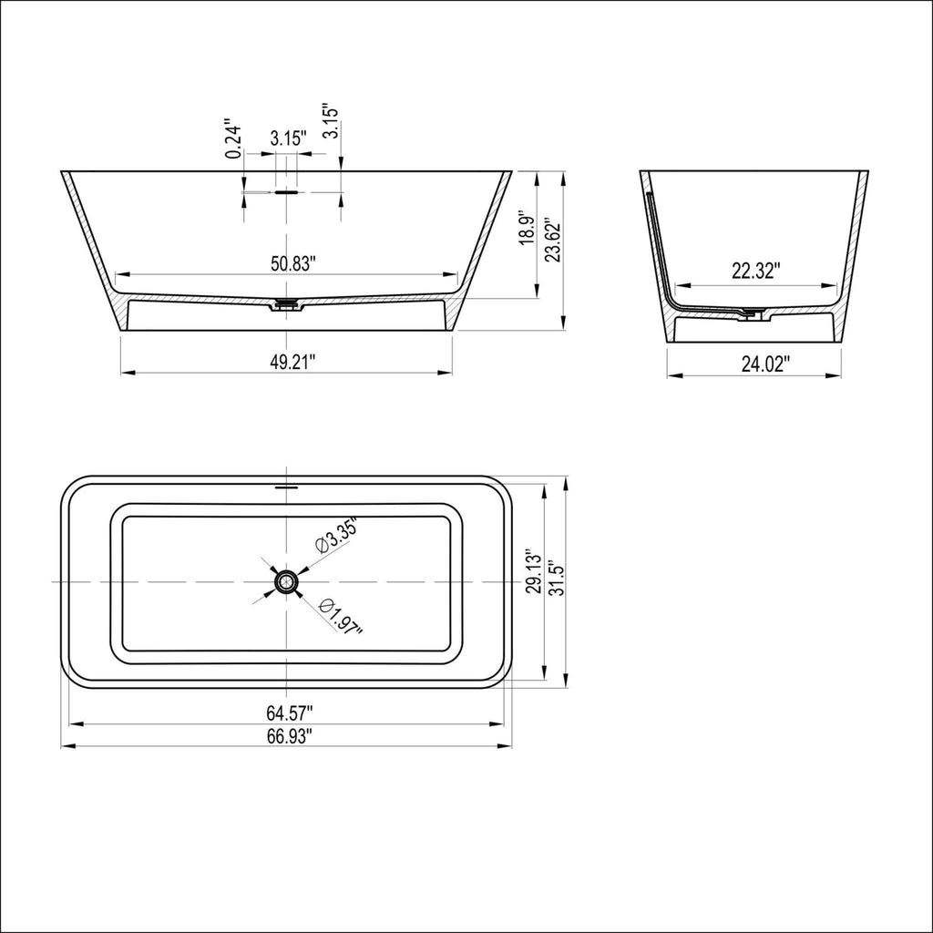 Nuvia 67-Inch Luxury Freestanding Solid Surface Soaking Bathtub (SAK51920) - Saksby Wholesale - Dimensions