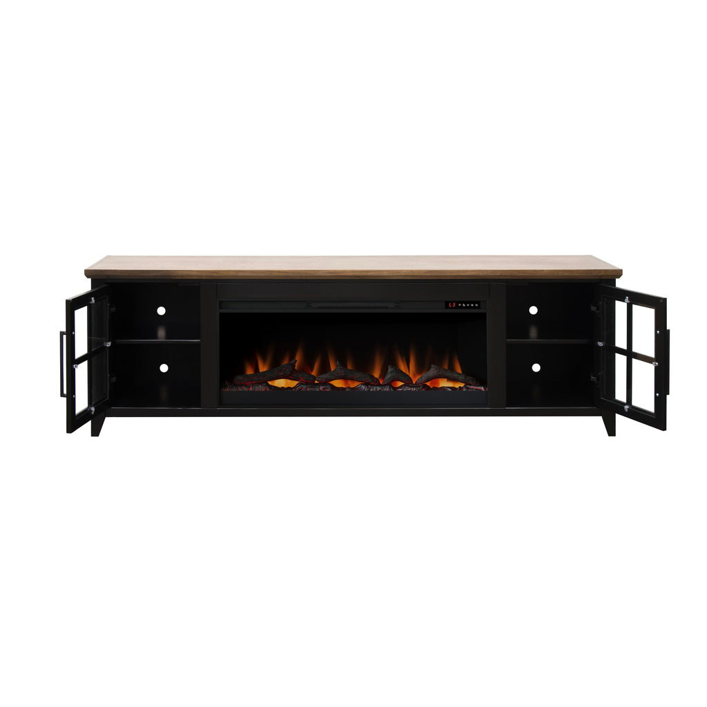 Nuvia 83-Inch Bourbon Black TV Stand With Fireplace And Glass Windowpane Doors (SAK40281) - Saksby Wholesale - Front View Open Drawers