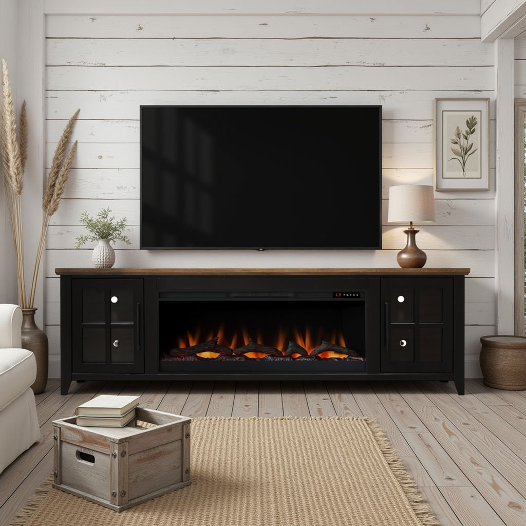 Nuvia 83-Inch Bourbon Black TV Stand With Fireplace And Glass Windowpane Doors (SAK40281) - Saksby Wholesale - Lifestyle Image