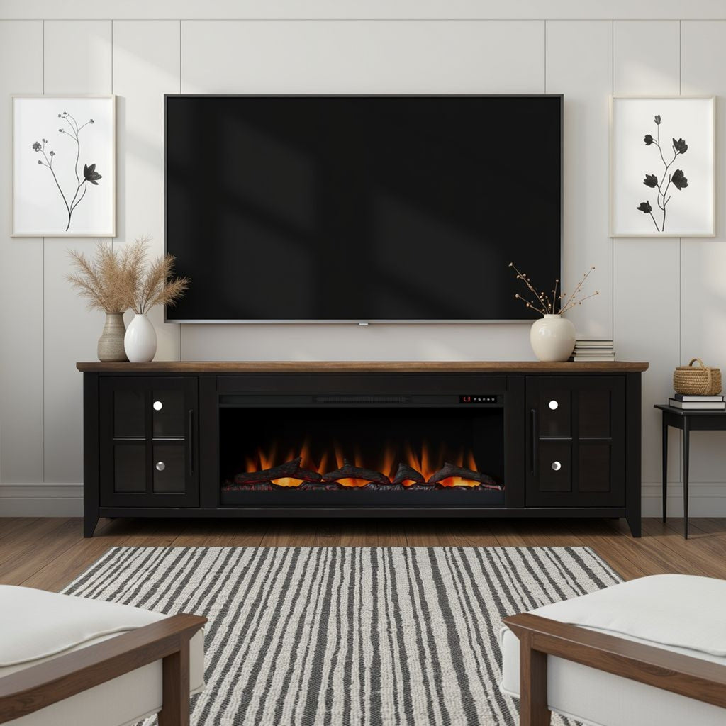 Nuvia 83-Inch Bourbon Black TV Stand With Fireplace And Glass Windowpane Doors (SAK40281) - Saksby Wholesale - Living Room Setup