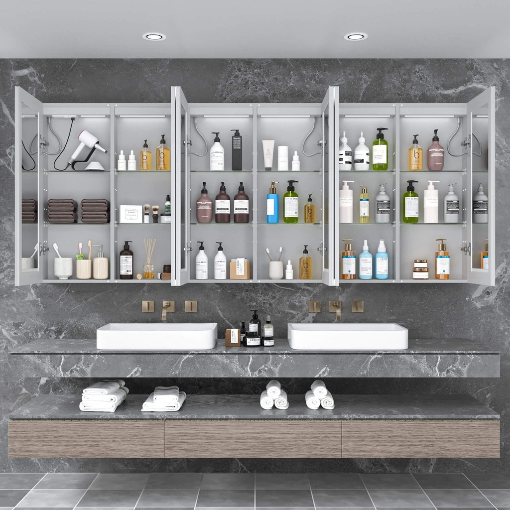 Nuvia 96X40-Inch Wall-Mounted Medicine Cabinet Mirror With Anti-Fog And Tri-Color LED Lights (SAK82340) - Saksby Wholesale - Storage Display Behind the Mirror