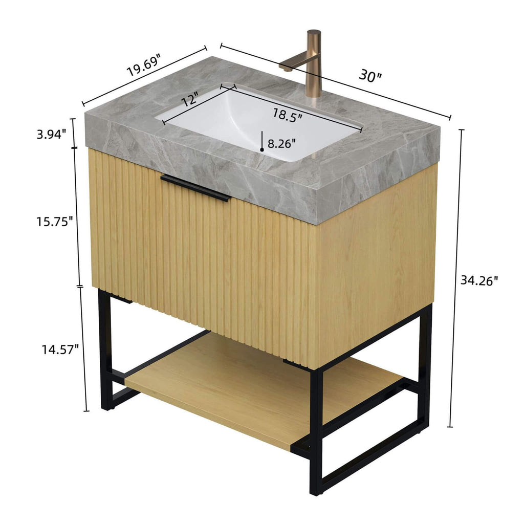 Nuvia Luxury 30-Inch Corolla Oak Freestanding Bathroom Vanity With Sink And Storage (SAK79352) - Dimension View