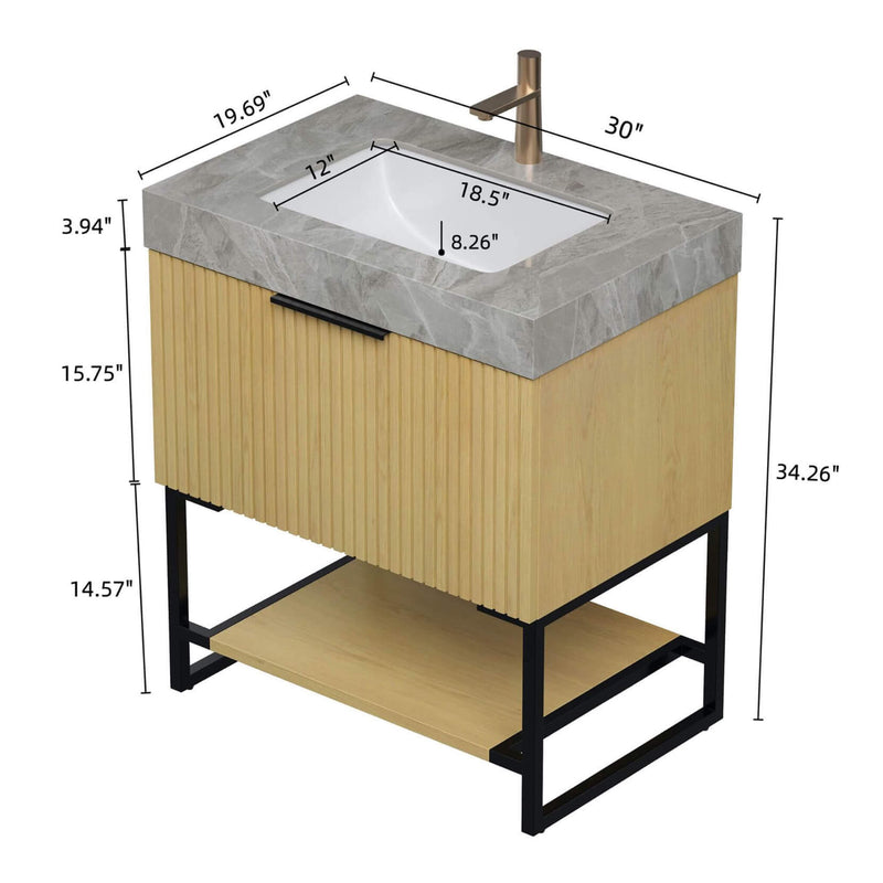 Nuvia Luxury 30-Inch Corolla Oak Freestanding Bathroom Vanity With Sink And Storage (SAK79352) - Dimension View