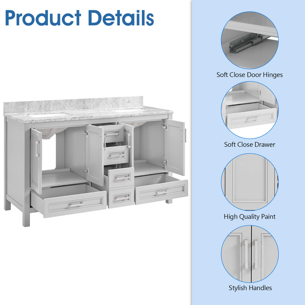Nuvia Premium 60-Inch Freestanding Double Sink Bathroom Vanity With Carrara Marble Top (SAK51829) - Saksby Wholesale - Product Details View