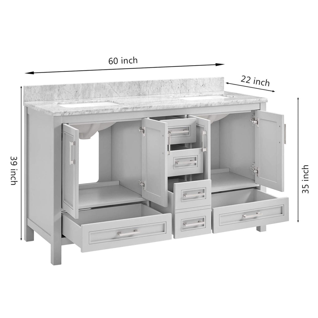 Nuvia Premium 60-Inch Freestanding Double Sink Bathroom Vanity With Carrara Marble Top (SAK51829) - Saksby Wholesale - Dimension View