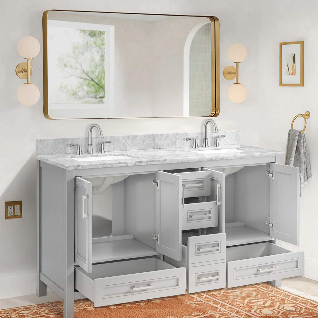 Nuvia Premium 60-Inch Freestanding Double Sink Bathroom Vanity With Carrara Marble Top (SAK51829) - Saksby Wholesale - Open Cabinet View