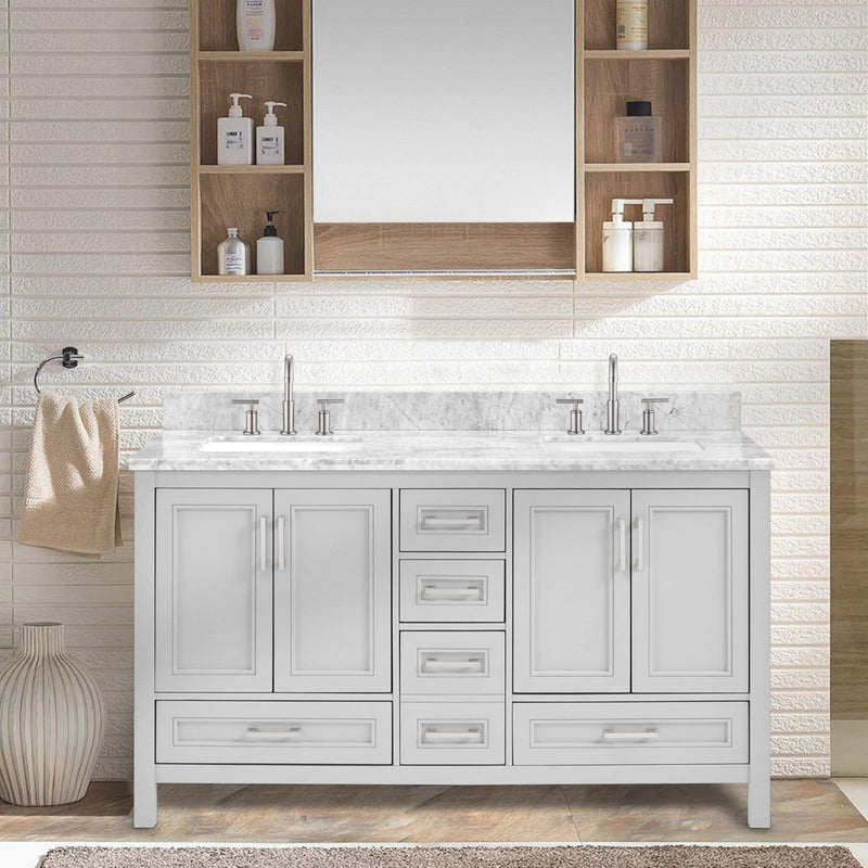 Nuvia Premium 60-Inch Freestanding Double Sink Bathroom Vanity With Carrara Marble Top (SAK51829) - Saksby Wholesale - Room View