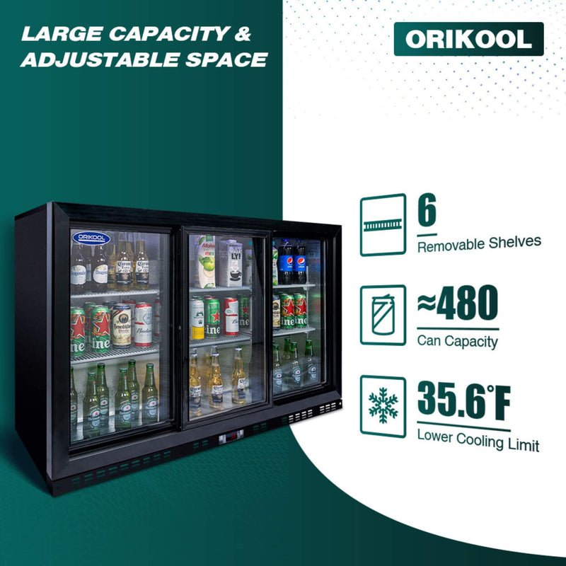 Orikool 53-Inch Energy Efficient Commercial Back Bar Drink Cooler With LED Lighting And 3 Glass Doors (SAK12097) - Saksby Wholesale - Capacity And Space Details