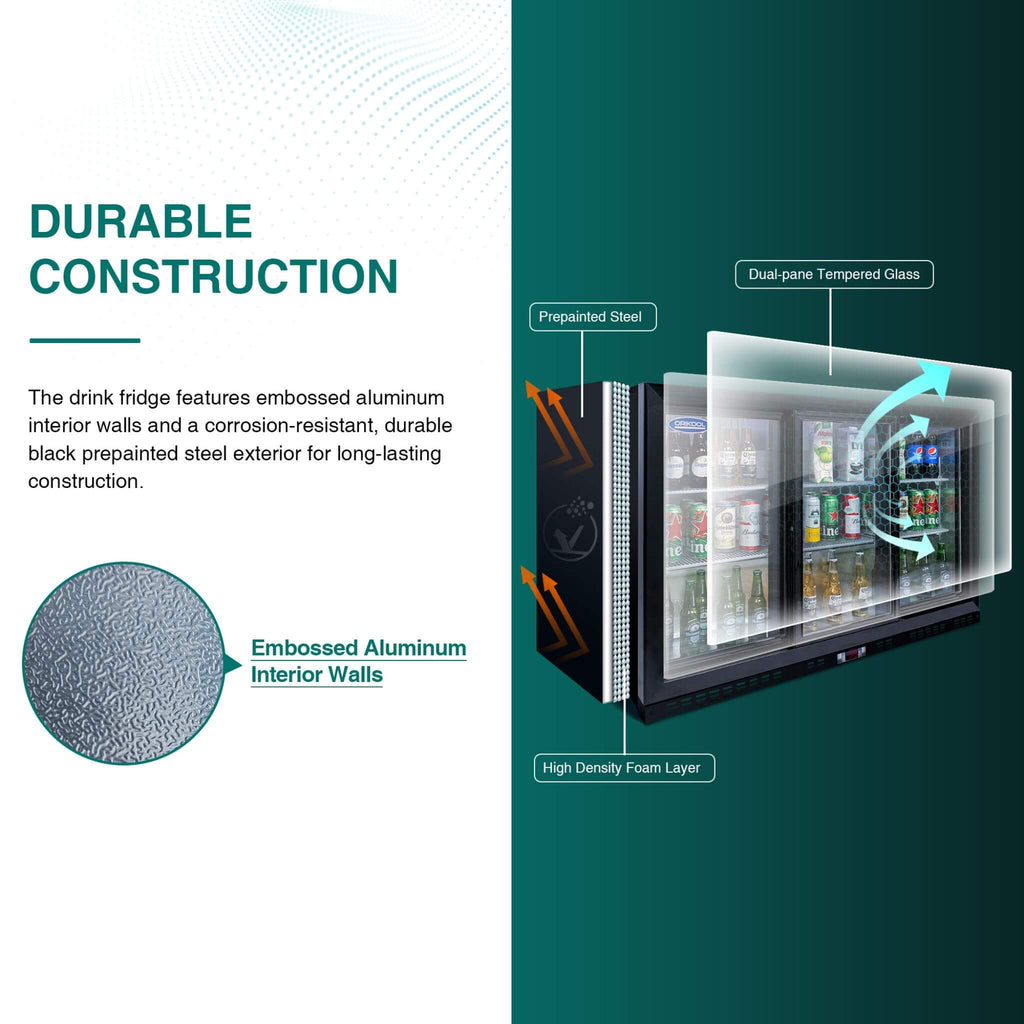 Orikool 53-Inch Energy Efficient Commercial Back Bar Drink Cooler With LED Lighting And 3 Glass Doors (SAK12097) - Saksby Wholesale - Construction Details