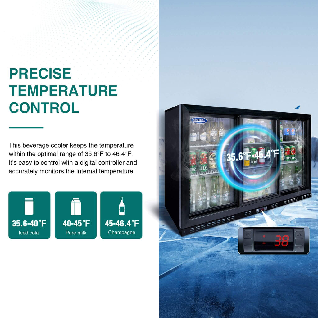 Orikool 53-Inch Energy Efficient Commercial Back Bar Drink Cooler With LED Lighting And 3 Glass Doors (SAK12097) - Saksby Wholesale - Temperature Details