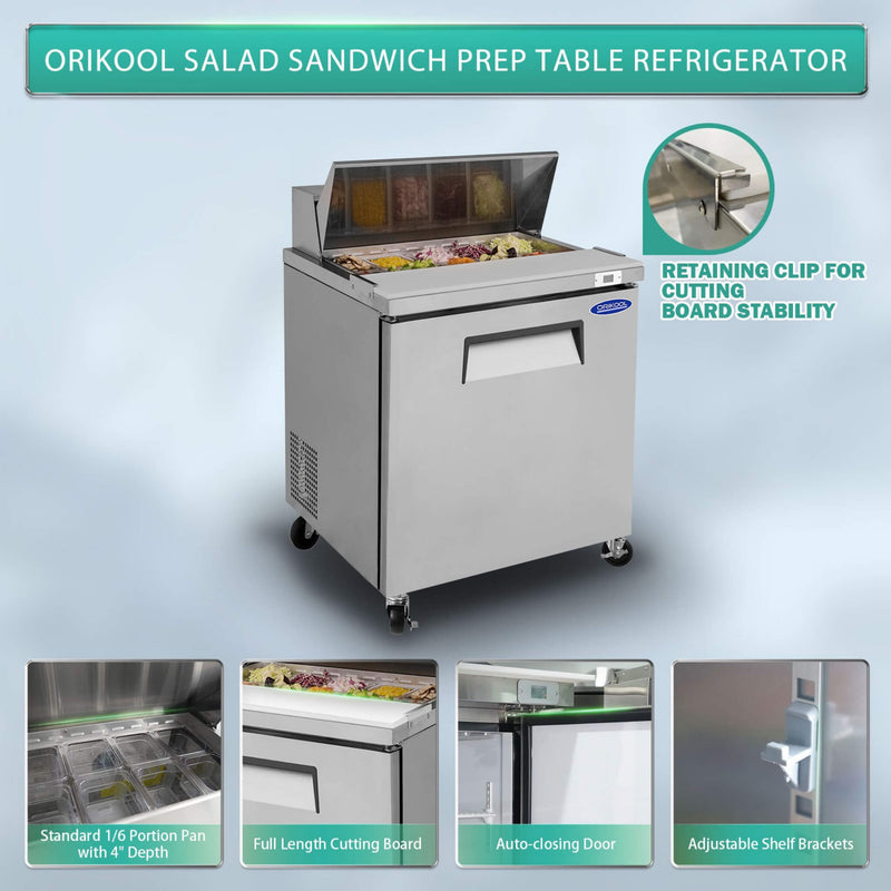 Orikool Commercial Refrigerator Sandwich & Salad Prep Table With Butcher Block Cutting Board (SAK31598) - Saksby Wholesale - Features View