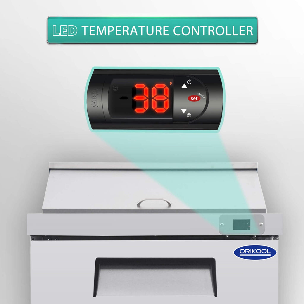 Orikool Commercial Refrigerator Sandwich & Salad Prep Table With Butcher Block Cutting Board (SAK31598) - Saksby Wholesale - Temperature Controller View