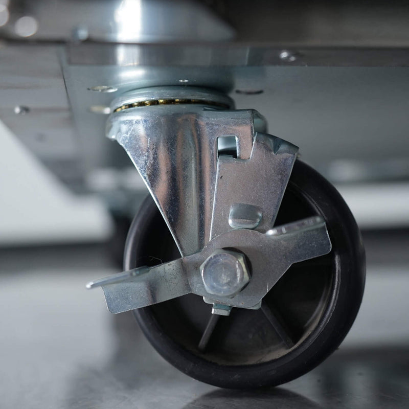 Orikool Commercial Refrigerator Sandwich & Salad Prep Table With Butcher Block Cutting Board (SAK31598) - Saksby Wholesale - Swivel Caster View