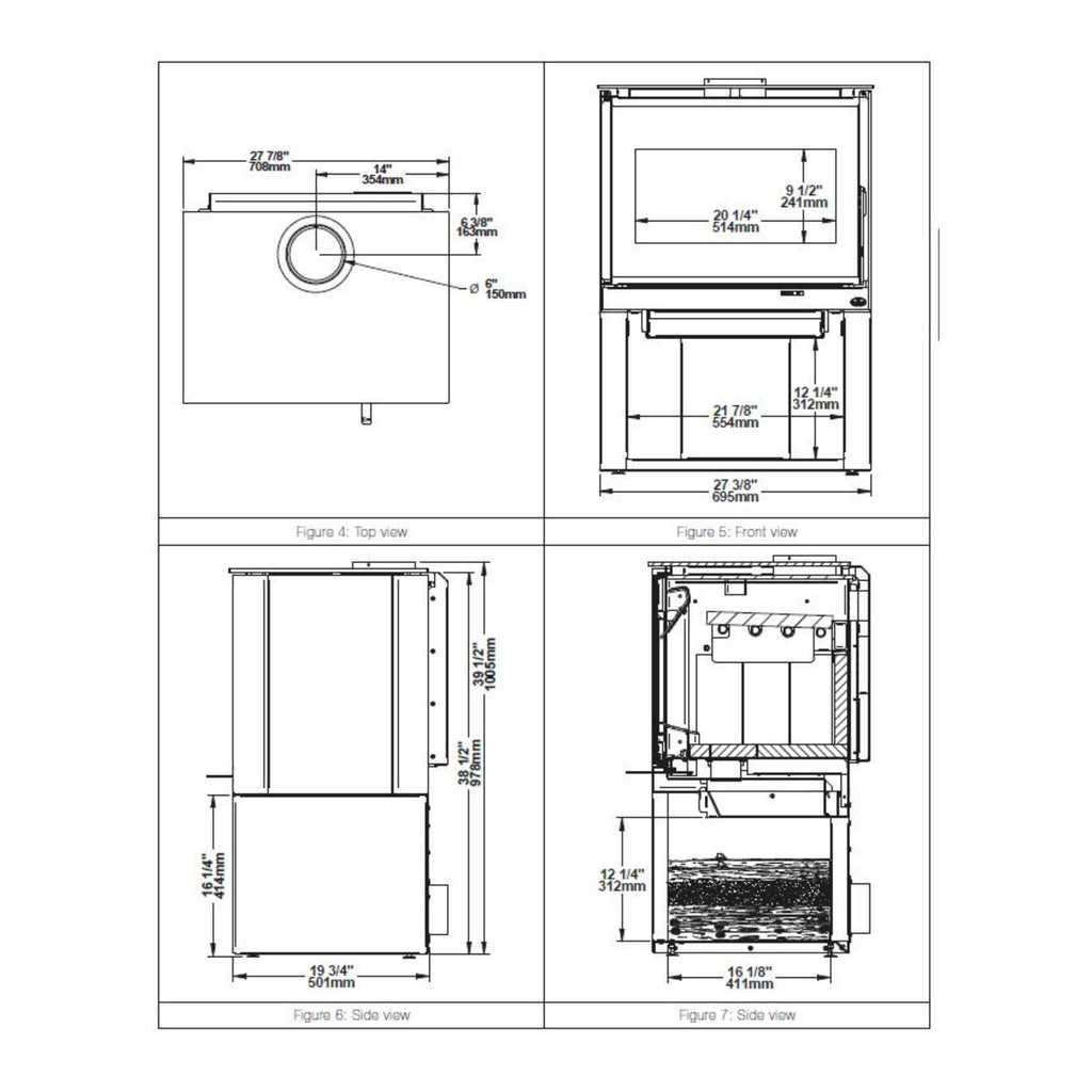 Osburn Inspire 2000 Wood Stove With 75K BTU Heat Output Dry Cordwood [OB02042] (SAK78123) SAKSBY - Dimensions View