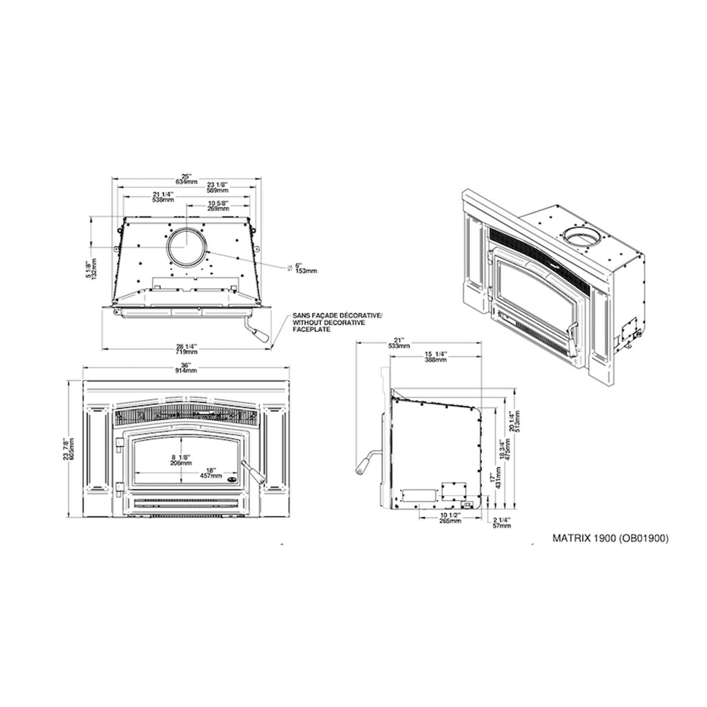 Osburn Matrix 1900 Wood Insert With 45K BTU Heat Output Dry CordWood [OB01900] (SAK23560) SAKSBY - Dimensions View