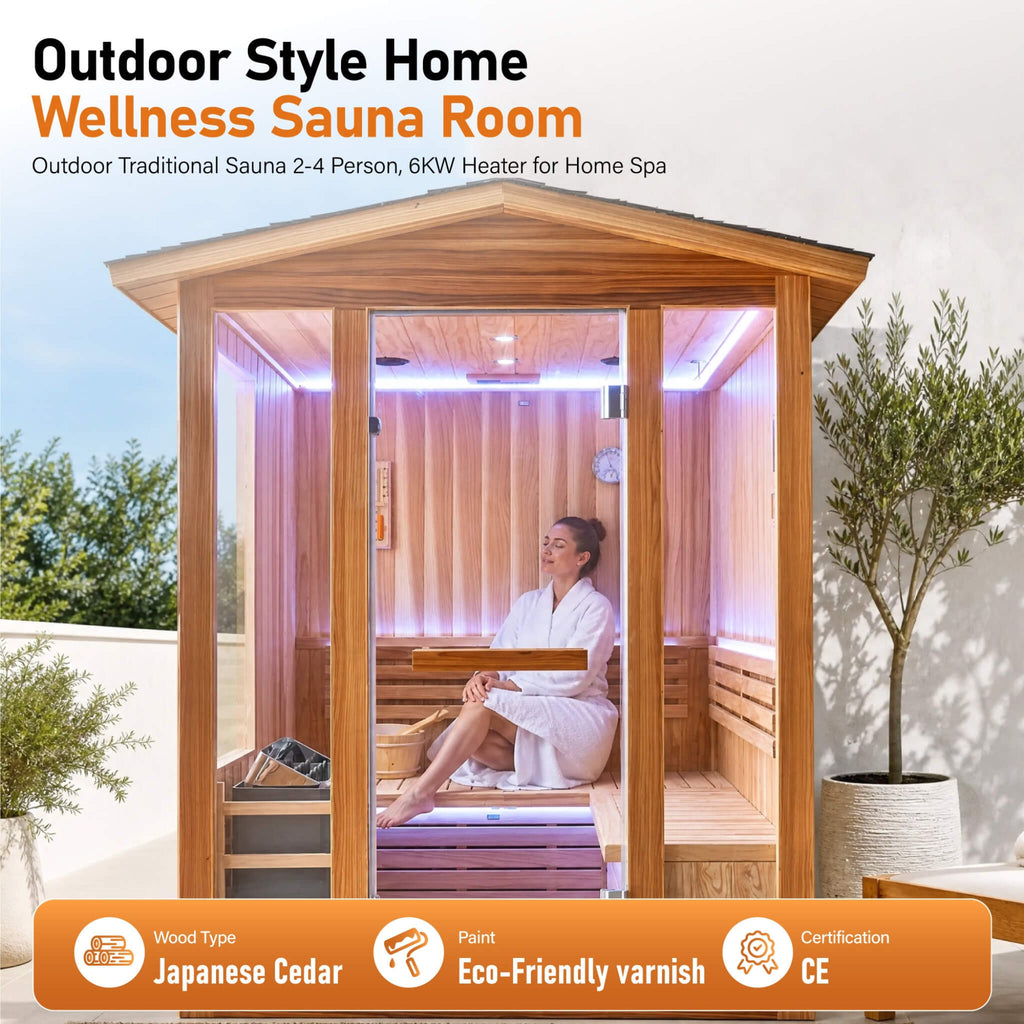Outdoor 4-Person Traditional Cedar Steam Sauna With Sauna Heater (SAK71390) - Saksby Wholesale - Demonstration View