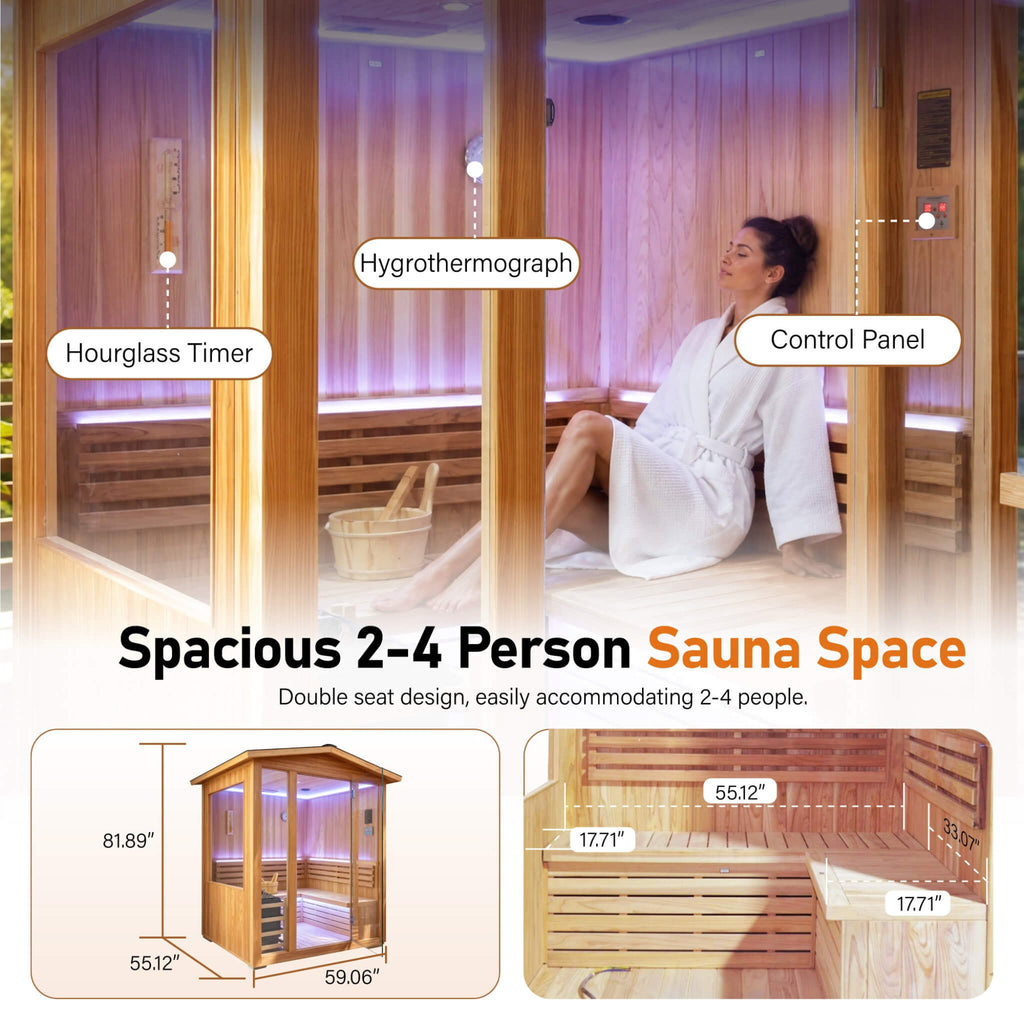 Outdoor 4-Person Traditional Cedar Steam Sauna With Sauna Heater (SAK71390) - Saksby Wholesale - Dimensions