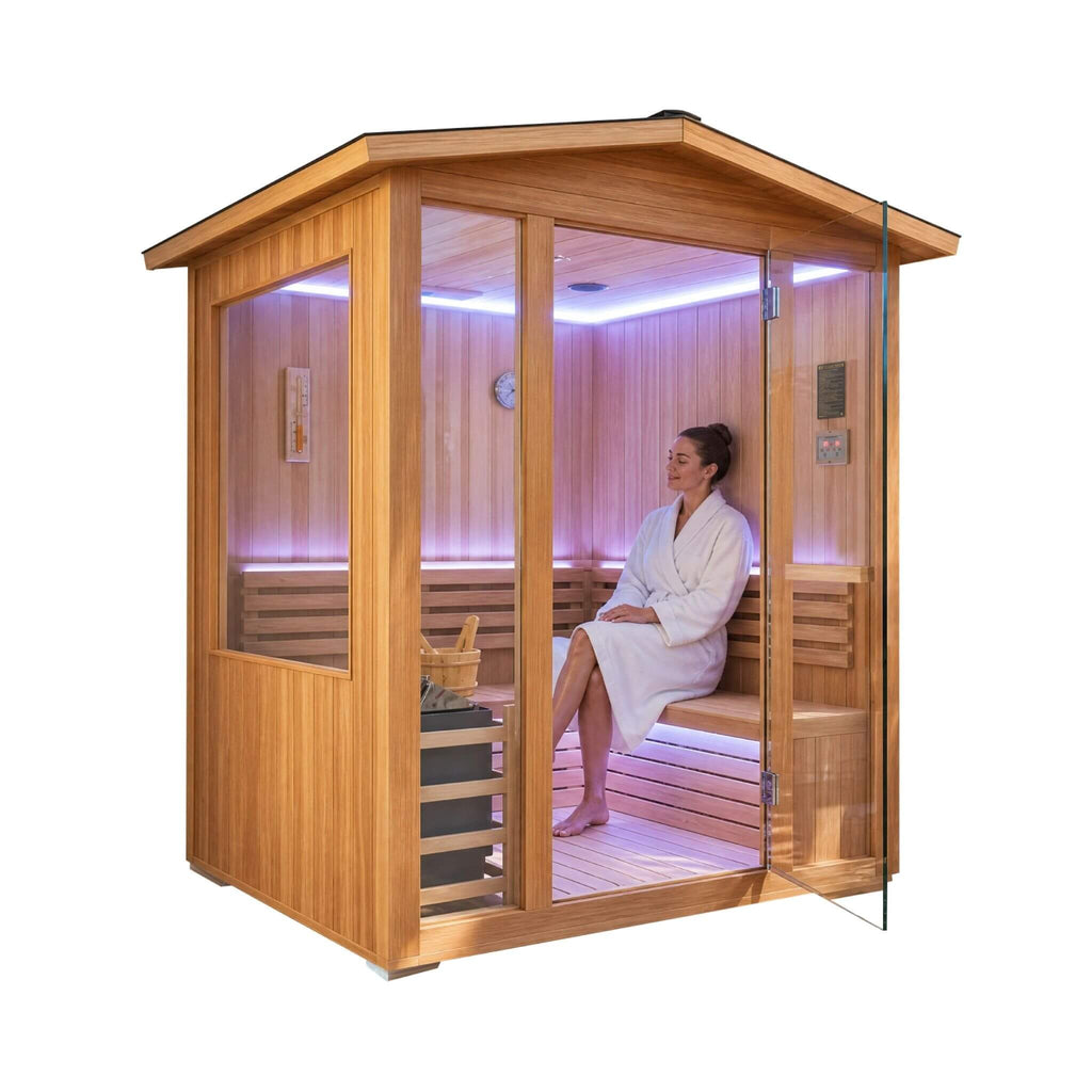 Outdoor 4-Person Traditional Cedar Steam Sauna With Sauna Heater (SAK71390) - Saksby Wholesale - Front Side View