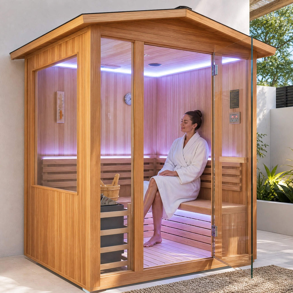 Outdoor 4-Person Traditional Cedar Steam Sauna With Sauna Heater (SAK71390) - Saksby Wholesale - Lifestyle Image With Women Inside The Sauna Room