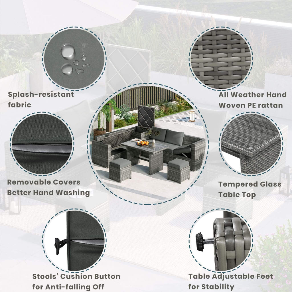 Outdoor 6-Piece All-Weather PE Rattan Sofa Set With Adjustable Seat, Storage Box, Removable Covers, And Tempered Glass Table Top (SAK37221) - Saksby Wholesale - Features