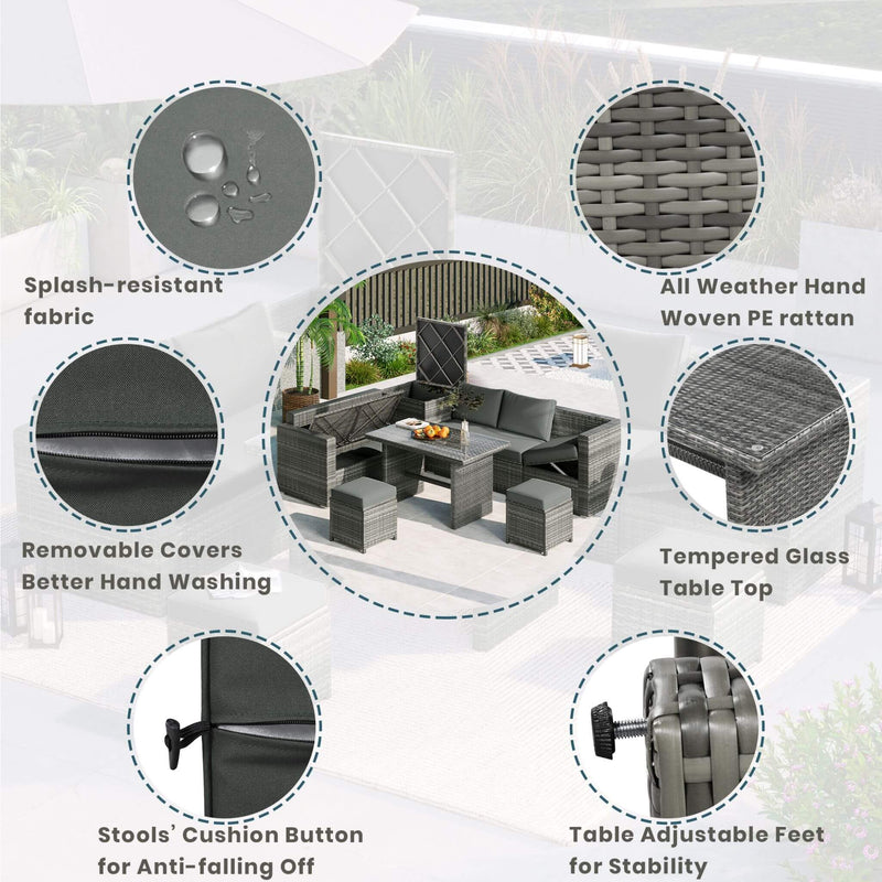Outdoor 6-Piece All-Weather PE Rattan Sofa Set With Adjustable Seat, Storage Box, Removable Covers, And Tempered Glass Table Top (SAK37221) - Saksby Wholesale - Features