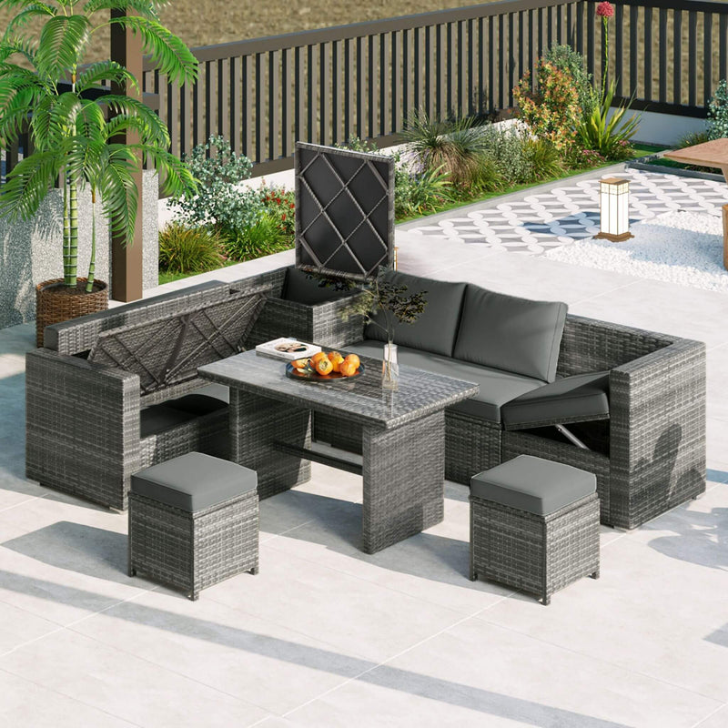 Outdoor 6-Piece All-Weather PE Rattan Sofa Set With Adjustable Seat, Storage Box, Removable Covers, And Tempered Glass Table Top (SAK37221) - Saksby Wholesale - Lifestyle