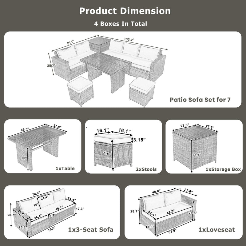 Outdoor 6-Piece All-Weather PE Rattan Sofa Set With Adjustable Seat, Storage Box, Removable Covers, And Tempered Glass Table Top (SAK37221) - Saksby Wholesale - Product Dimensions