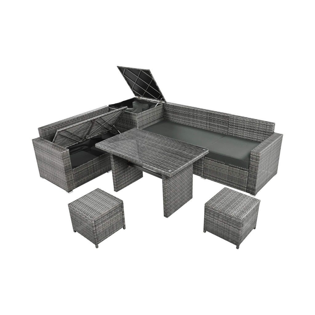 Outdoor 6-Piece All-Weather PE Rattan Sofa Set With Adjustable Seat, Storage Box, Removable Covers, And Tempered Glass Table Top (SAK37221) - Saksby Wholesale - Side View Split Setup