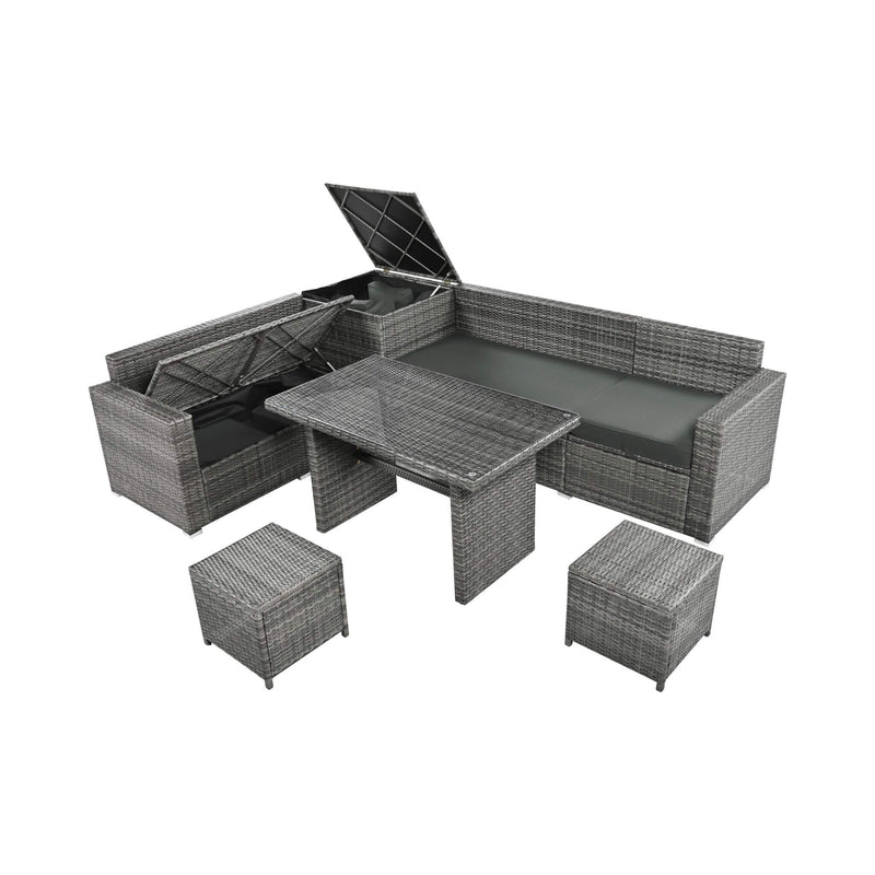 Outdoor 6-Piece All-Weather PE Rattan Sofa Set With Adjustable Seat, Storage Box, Removable Covers, And Tempered Glass Table Top (SAK37221) - Saksby Wholesale - Side View Split Setup