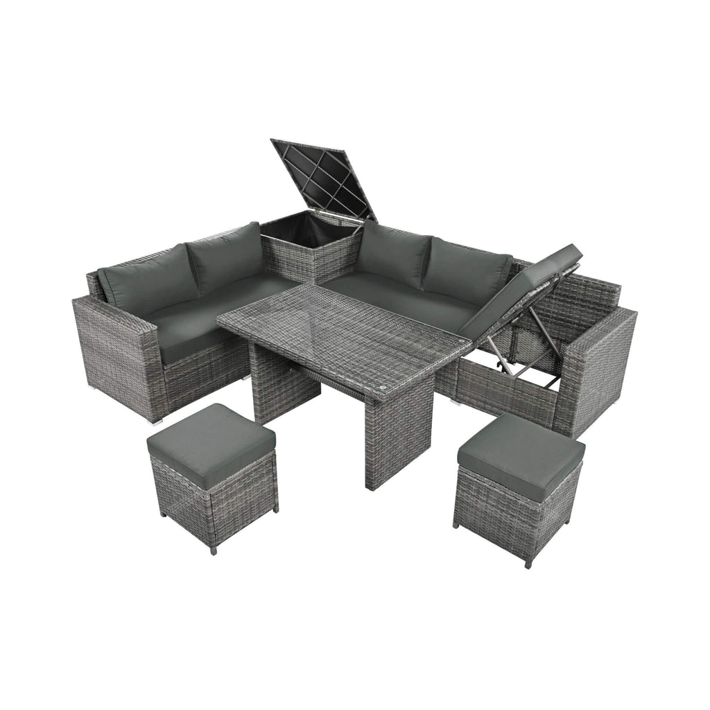 Outdoor 6-Piece All-Weather PE Rattan Sofa Set With Adjustable Seat, Storage Box, Removable Covers, And Tempered Glass Table Top (SAK37221) - Saksby Wholesale - White Background
