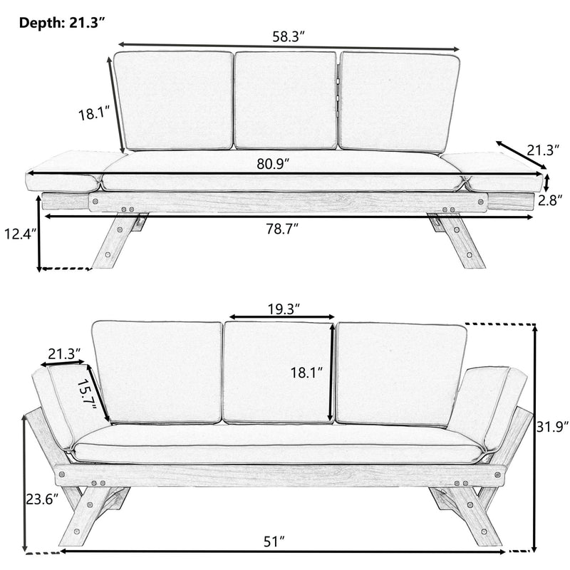 Outdoor Adjustable Wooden Patio Daybed Sofa With Cushions (SAK41345) - Saksby Wholesale - Dimensions