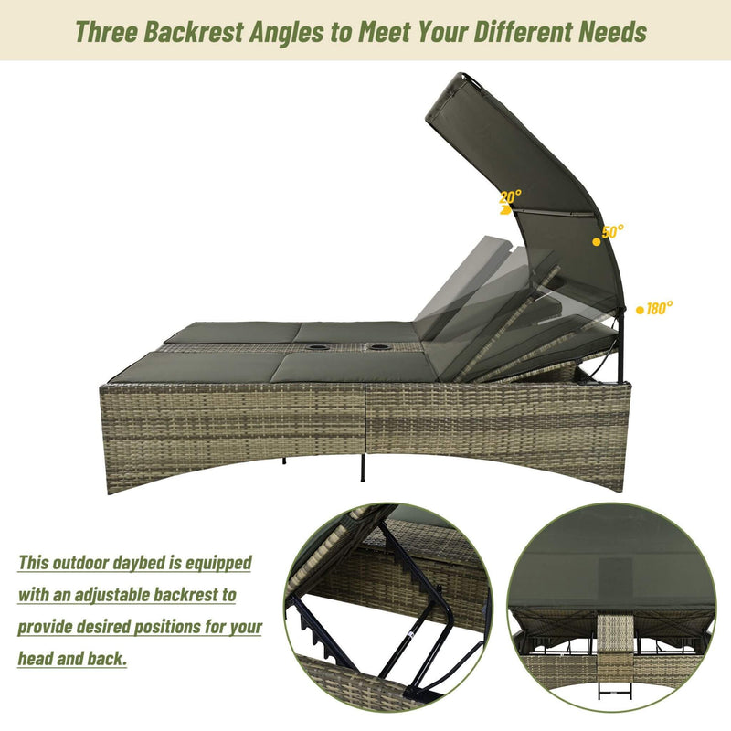 Outdoor Rattan Patio Daybed With Adjustable Backrest, Canopy Roof, Storage Box And Cup Holders (SAK54220) - Saksby Wholesale - Backrest Angles
