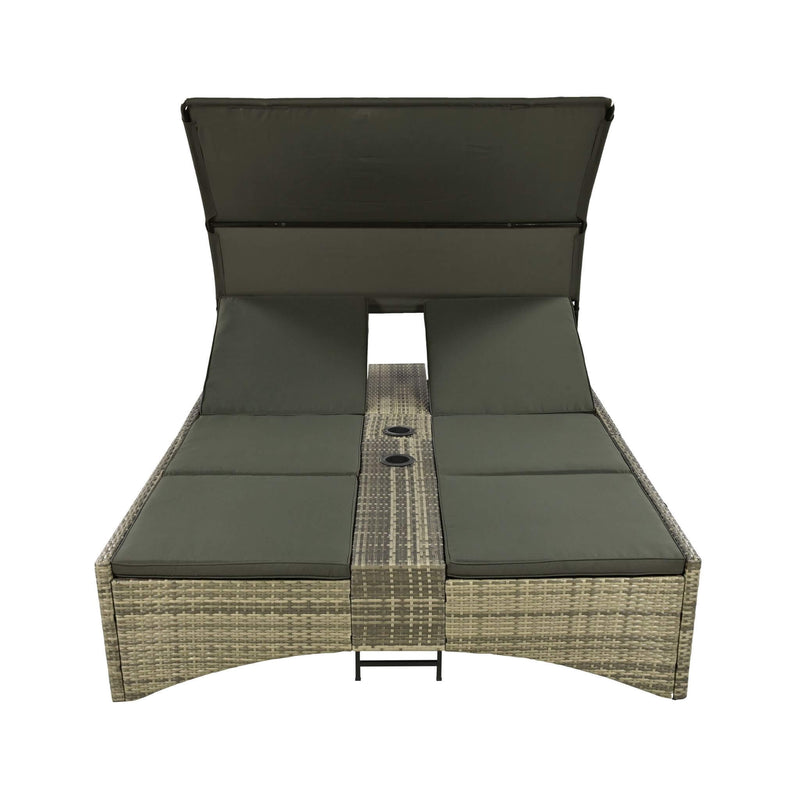 Outdoor Rattan Patio Daybed With Adjustable Backrest, Canopy Roof, Storage Box And Cup Holders (SAK54220) - Saksby Wholesale - Front View White Background