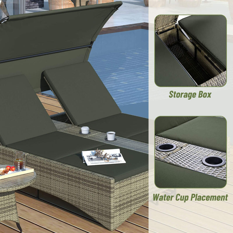 Outdoor Rattan Patio Daybed With Adjustable Backrest, Canopy Roof, Storage Box And Cup Holders (SAK54220) - Saksby Wholesale - Product Details