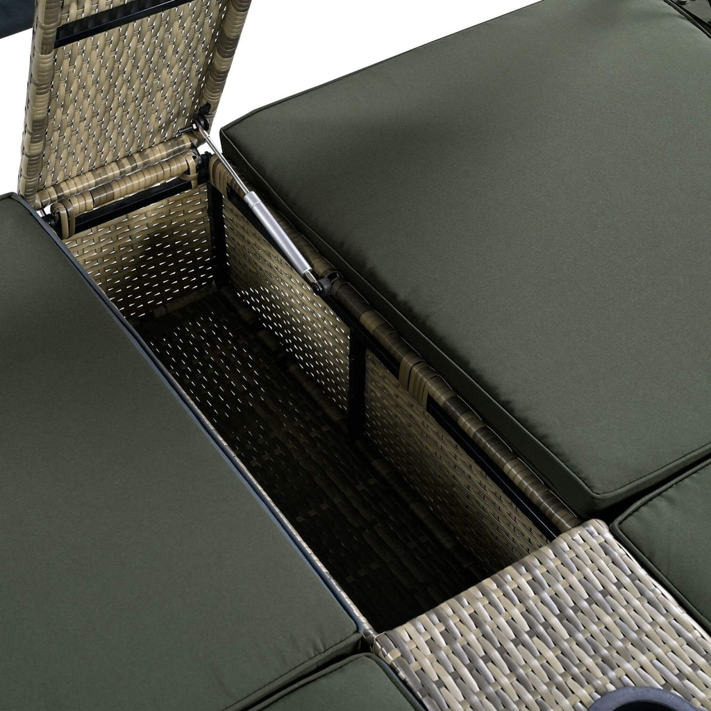 Outdoor Rattan Patio Daybed With Adjustable Backrest, Canopy Roof, Storage Box And Cup Holders (SAK54220) - Saksby Wholesale - Storage Box Design
