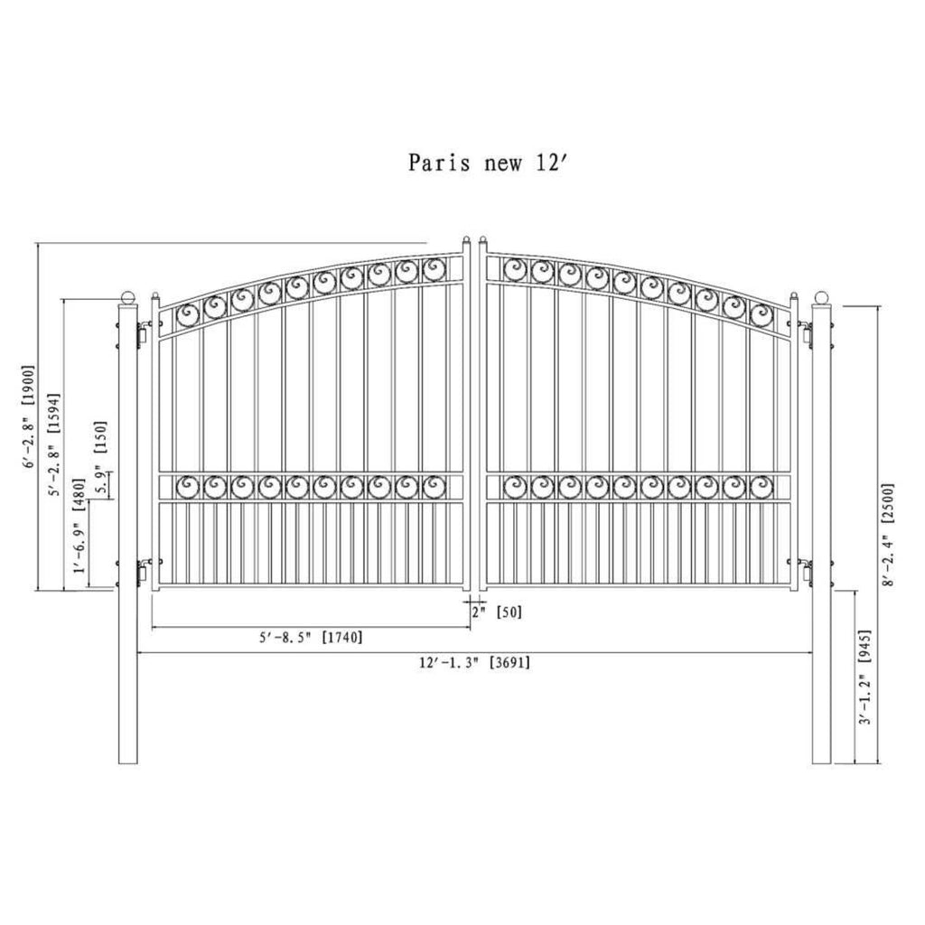 [12-18FT] Paris Style Steel Premium Dual Swing Driveway Gate [DGPARD-AP] (SAK97031) - Saksby Wholesale - 12ft Dimensions