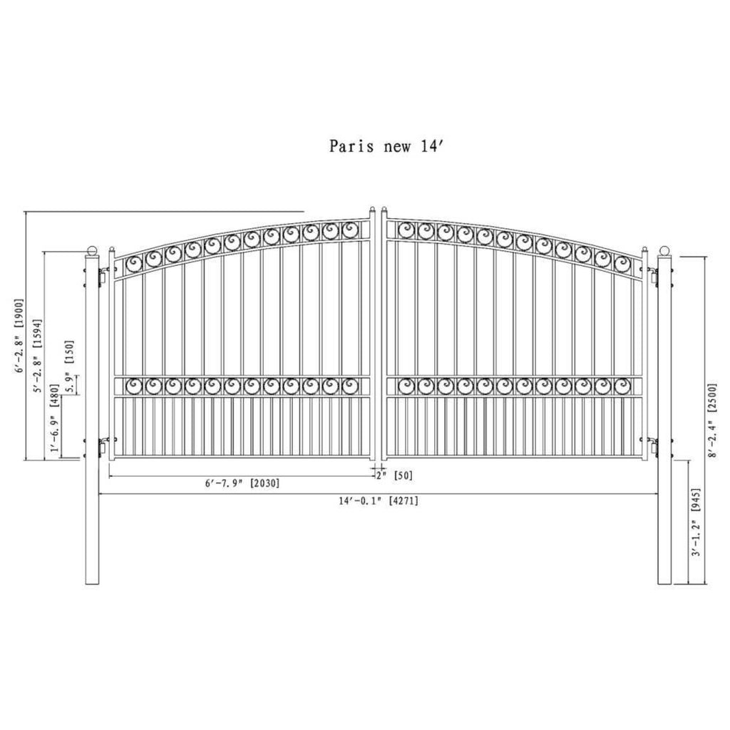 [12-18FT] Paris Style Steel Premium Dual Swing Driveway Gate [DGPARD-AP] (SAK97031) - Saksby Wholesale - 14ft Dimensions