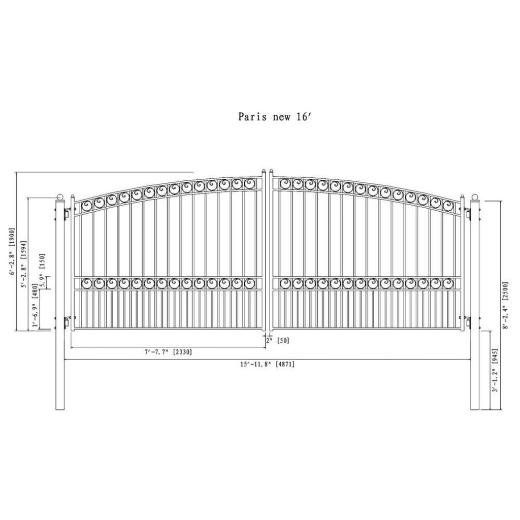 [12-18FT] Paris Style Steel Premium Dual Swing Driveway Gate [DGPARD-AP] (SAK97031) - Saksby Wholesale - 16ft Dimensions