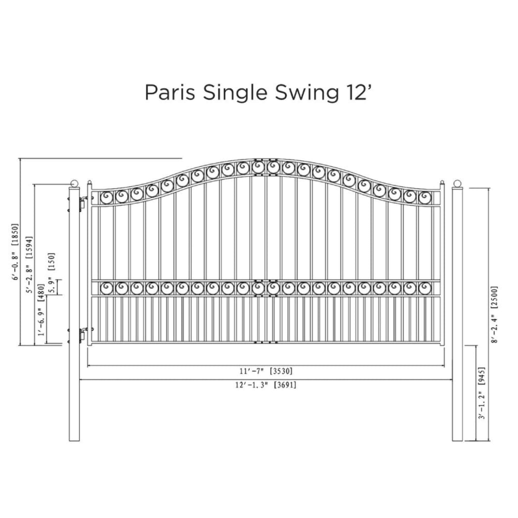 Paris Style Heavy-Duty Galvanized Steel Single Swing Driveway Gate (SAK78643) - Saksby Wholesale - 12FT Dimensions