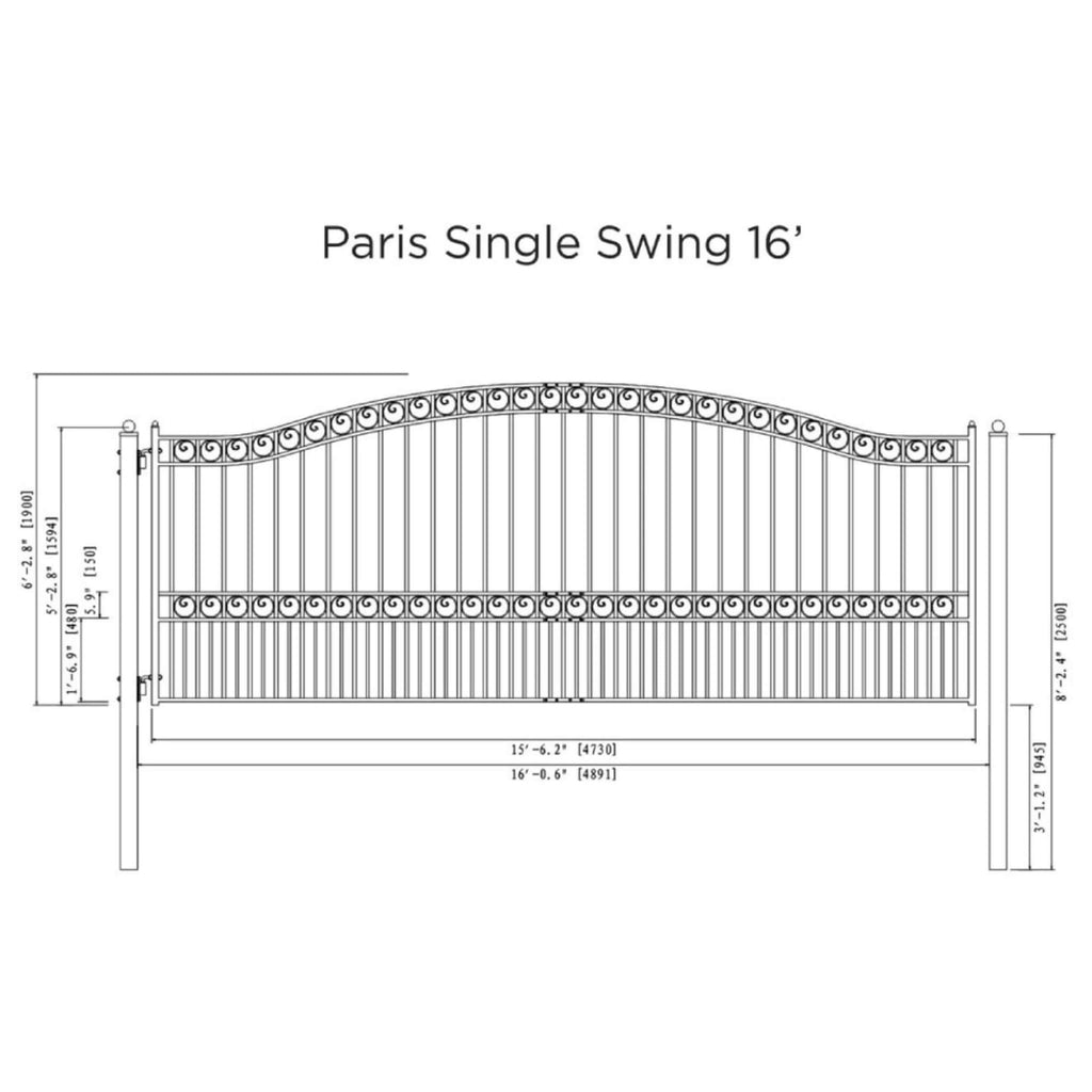 Paris Style Heavy-Duty Galvanized Steel Single Swing Driveway Gate (SAK78643) - Saksby Wholesale - 16FT Dimensions

